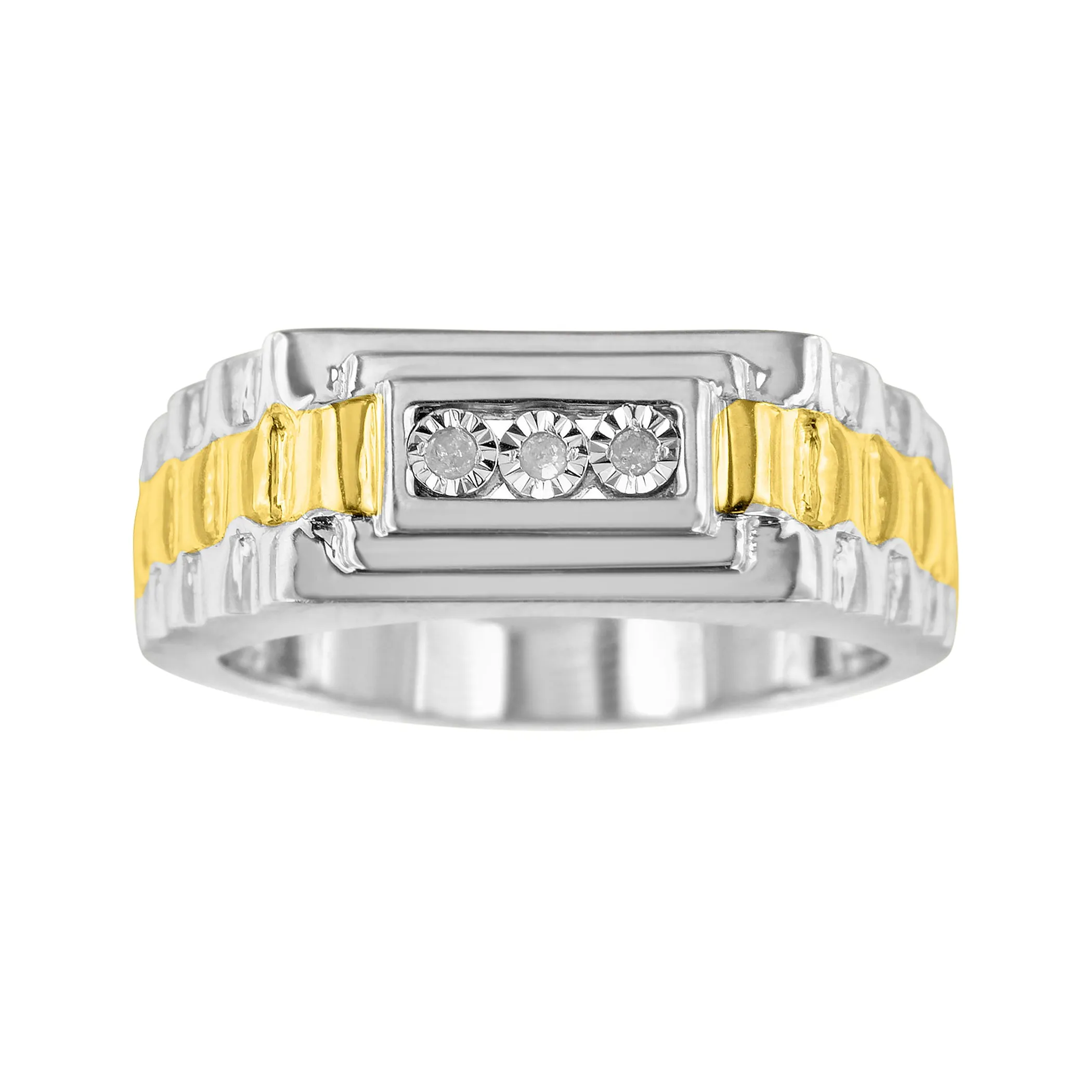 10K Yellow Gold Plated .925 Sterling Silver Diamond Accent Miracle-Set 3 Stone Ridged Band Gentlemen's Fashion Ring (I-J Color, I2-I3 Clarity)