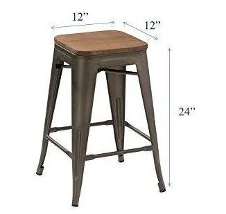 24" Antique Gunmetal stackable Metal Barstools Handmade Wood seat (Set of 2)