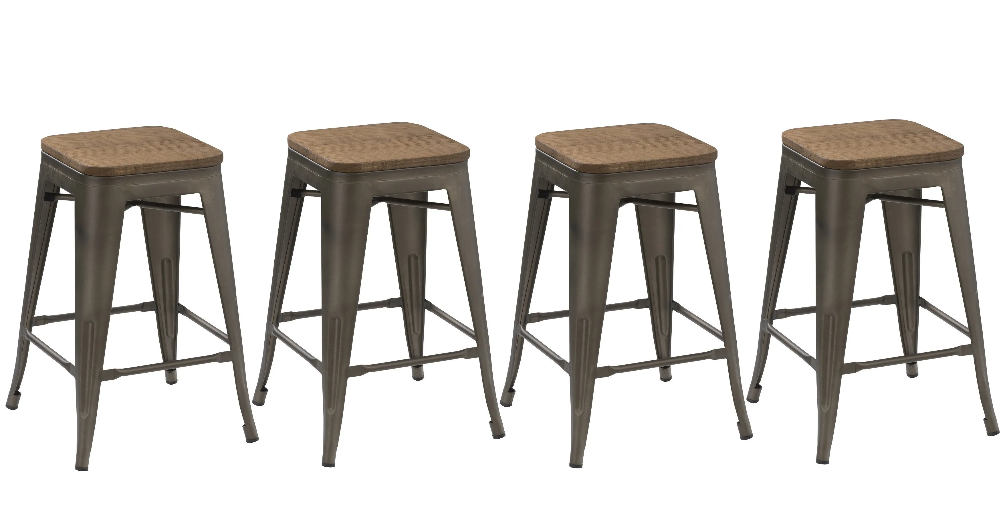 24" Antique Gunmetal stackable Metal Barstools Handmade Wood seat (Set of 2)