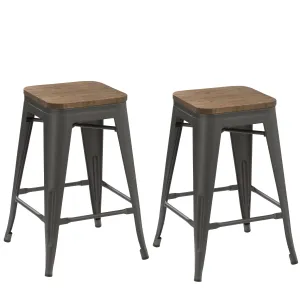 24" Antique Gunmetal stackable Metal Barstools Handmade Wood seat (Set of 2)