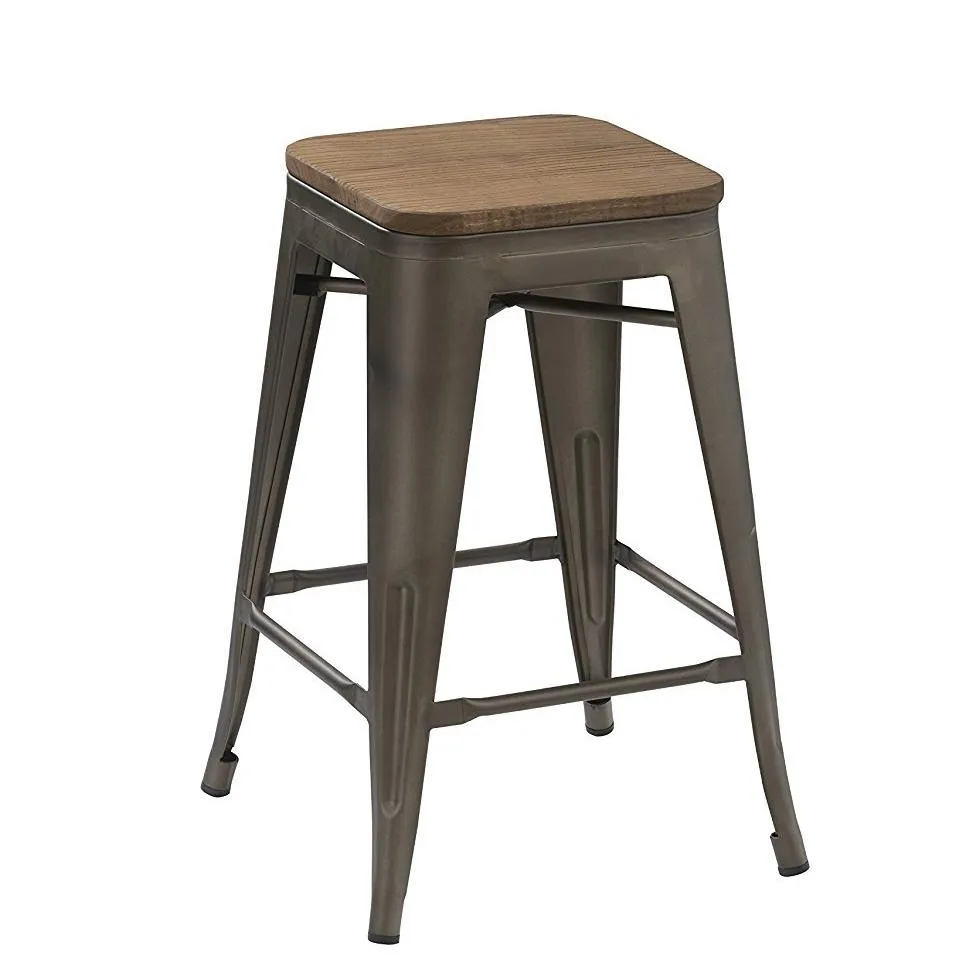 24" Metal Vintage Antique Gunmetal Counter Bar Stool Handmade Wood top Set of 4