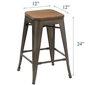 24" Metal Vintage Antique Gunmetal Counter Bar Stool Handmade Wood top Set of 4