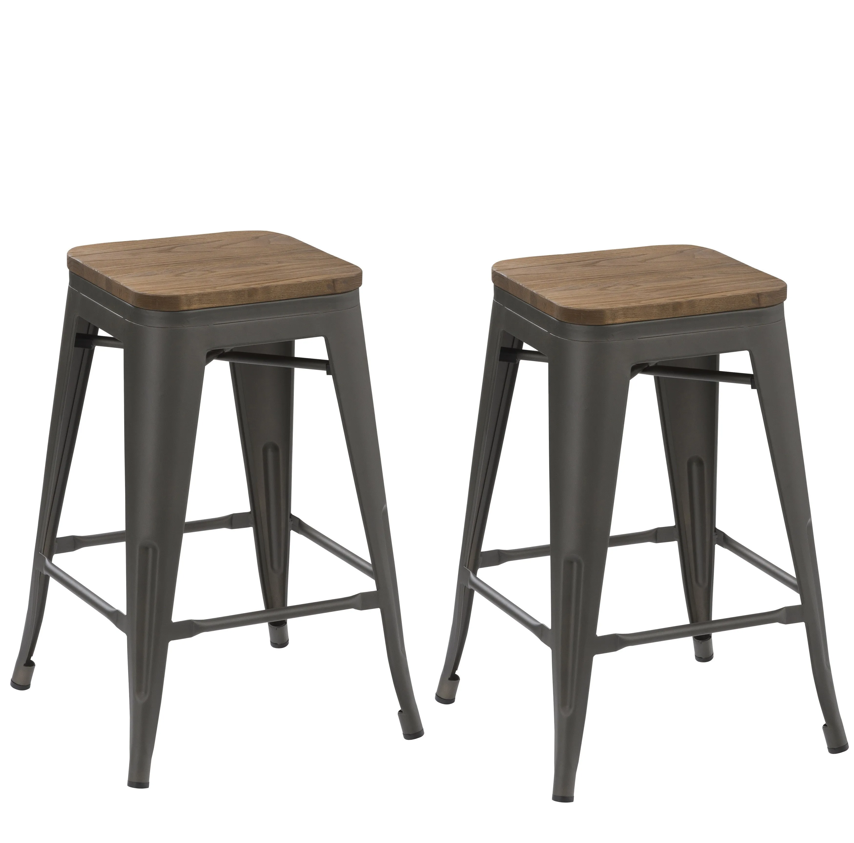 24" Metal Vintage Antique Gunmetal Counter Bar Stool Handmade Wood top Set of 4