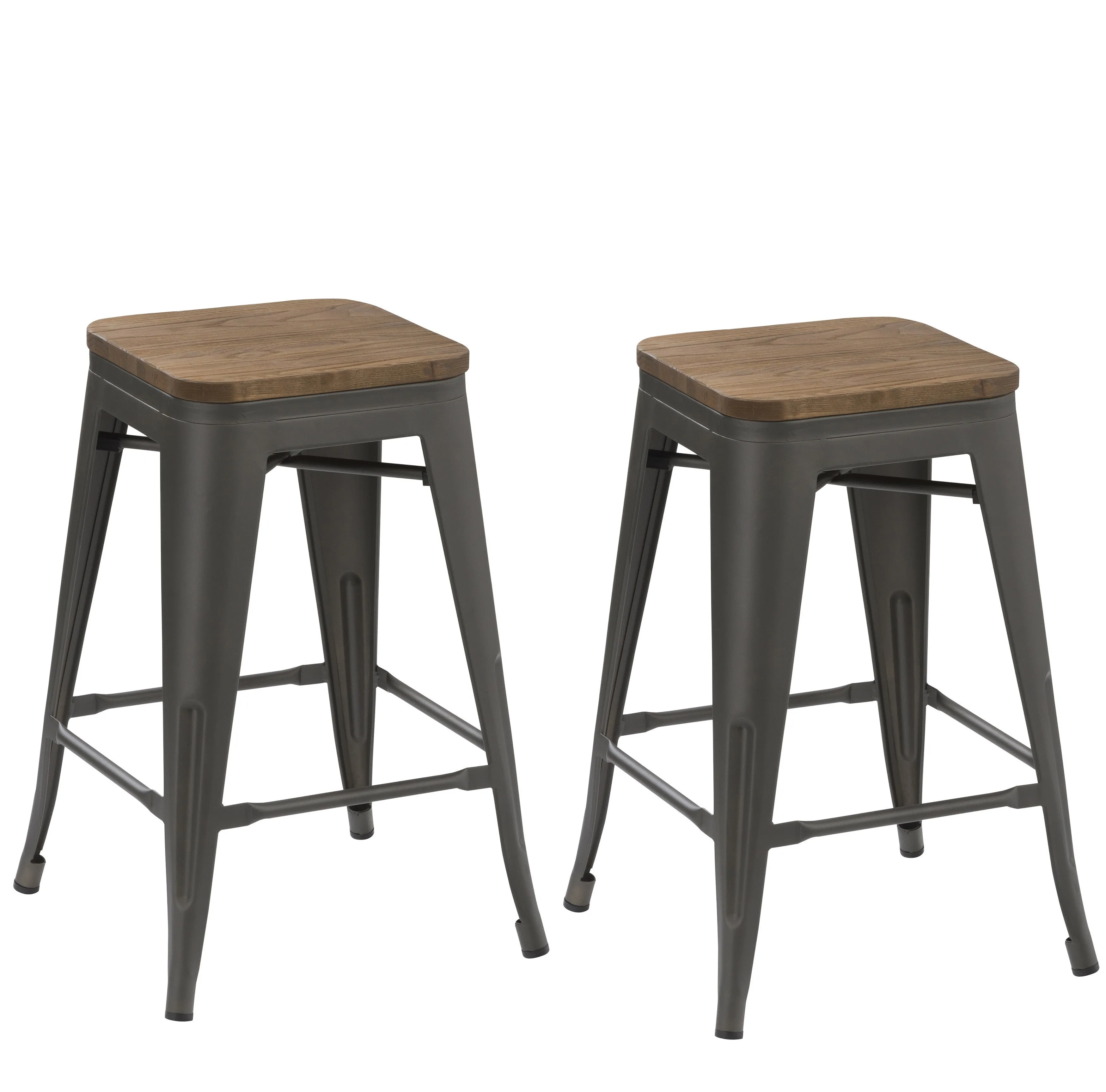 30" Industrial Metal Vintage Stackable Distressed Counter Bar Stool Wood top- 2