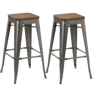 30" Industrial Vintage Brush Distressed Metal Bar Stools wood seat (Set of 2)