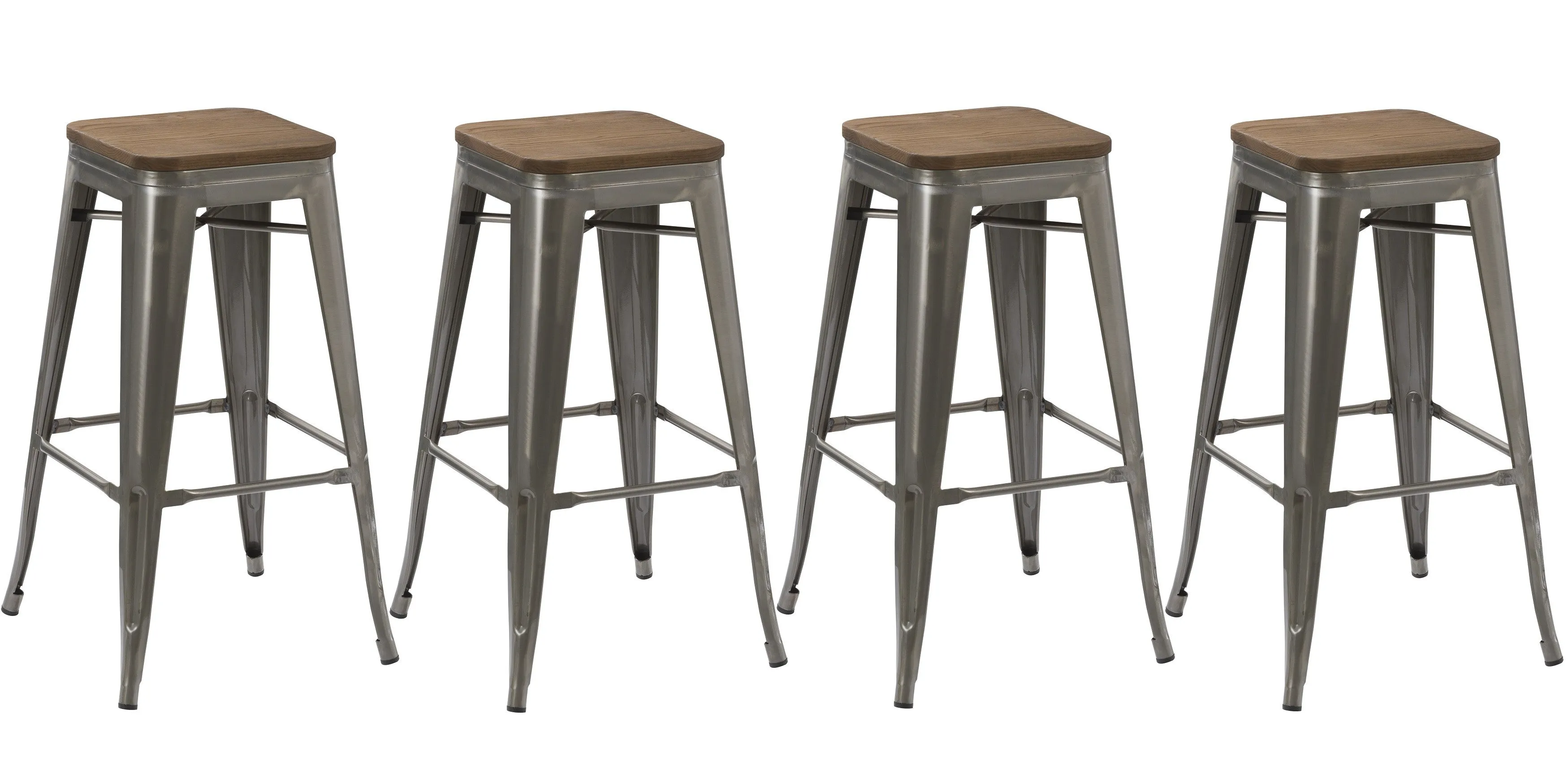 30" Industrial Vintage Brush Distressed Metal Bar Stools wood seat (Set of 2)