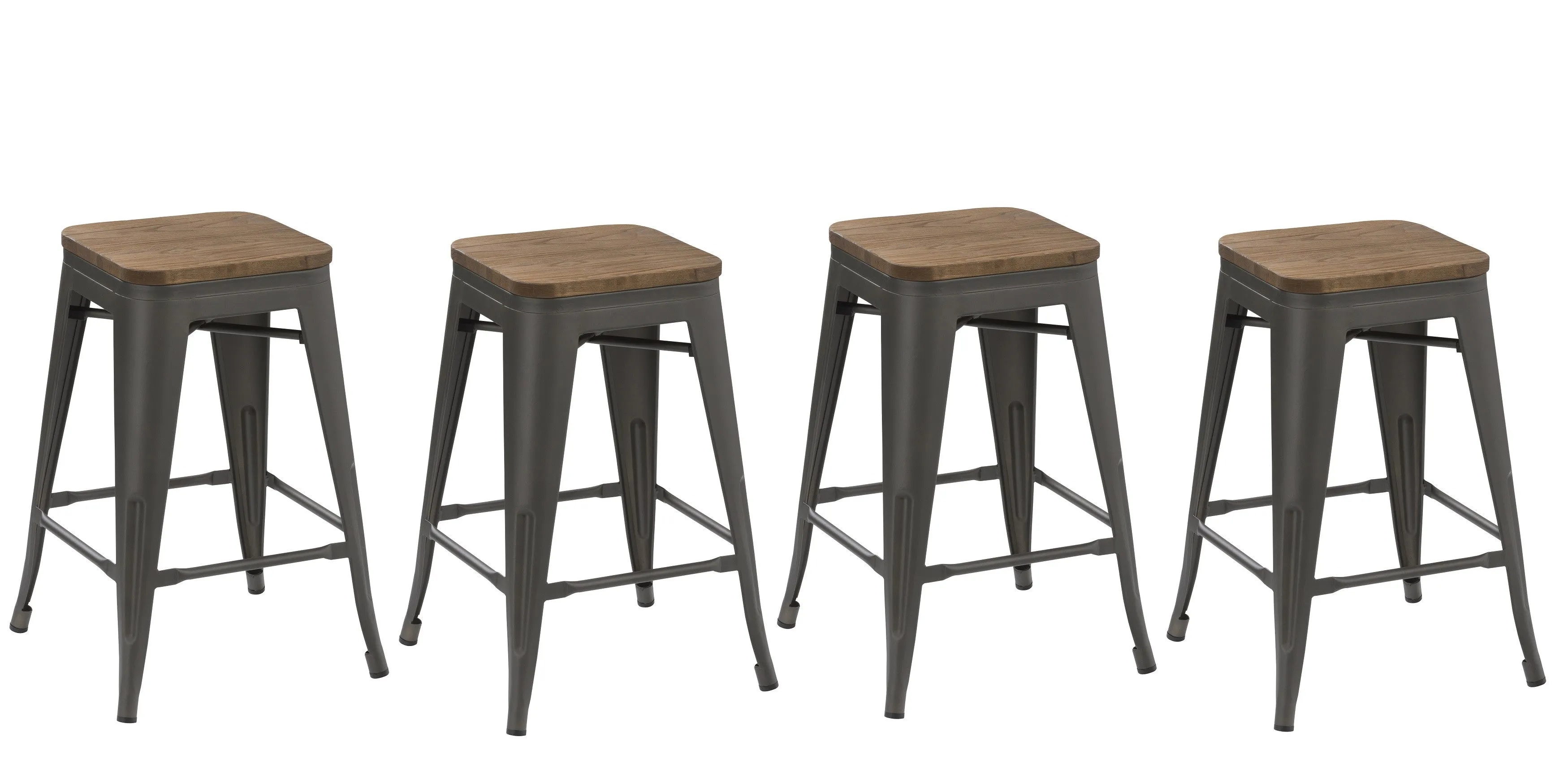 30" Metal Vintage Gunmetal Rustic Counter Bar Stool Modern Wood seat 4 barstools