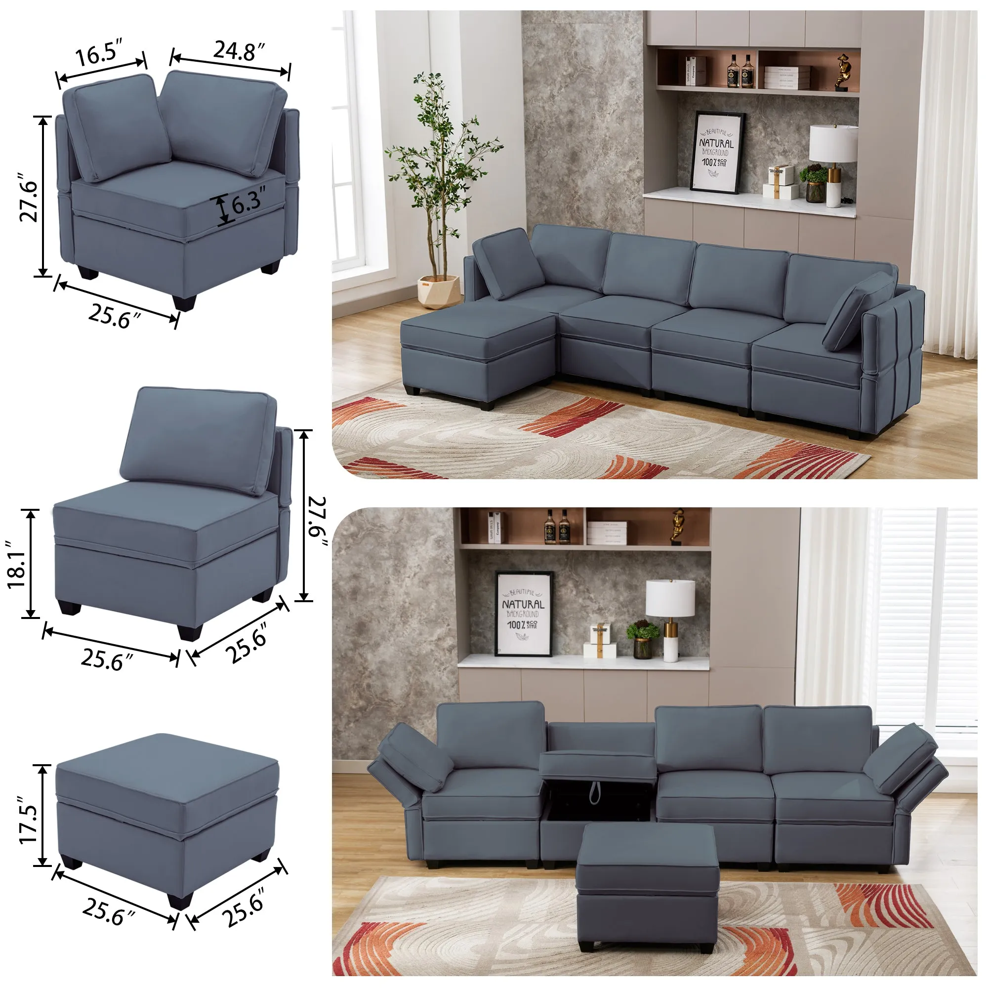 5-Seater Modular Sectional Sofa Reversible Sofa Couch with Storage Seats (Blue Gray)