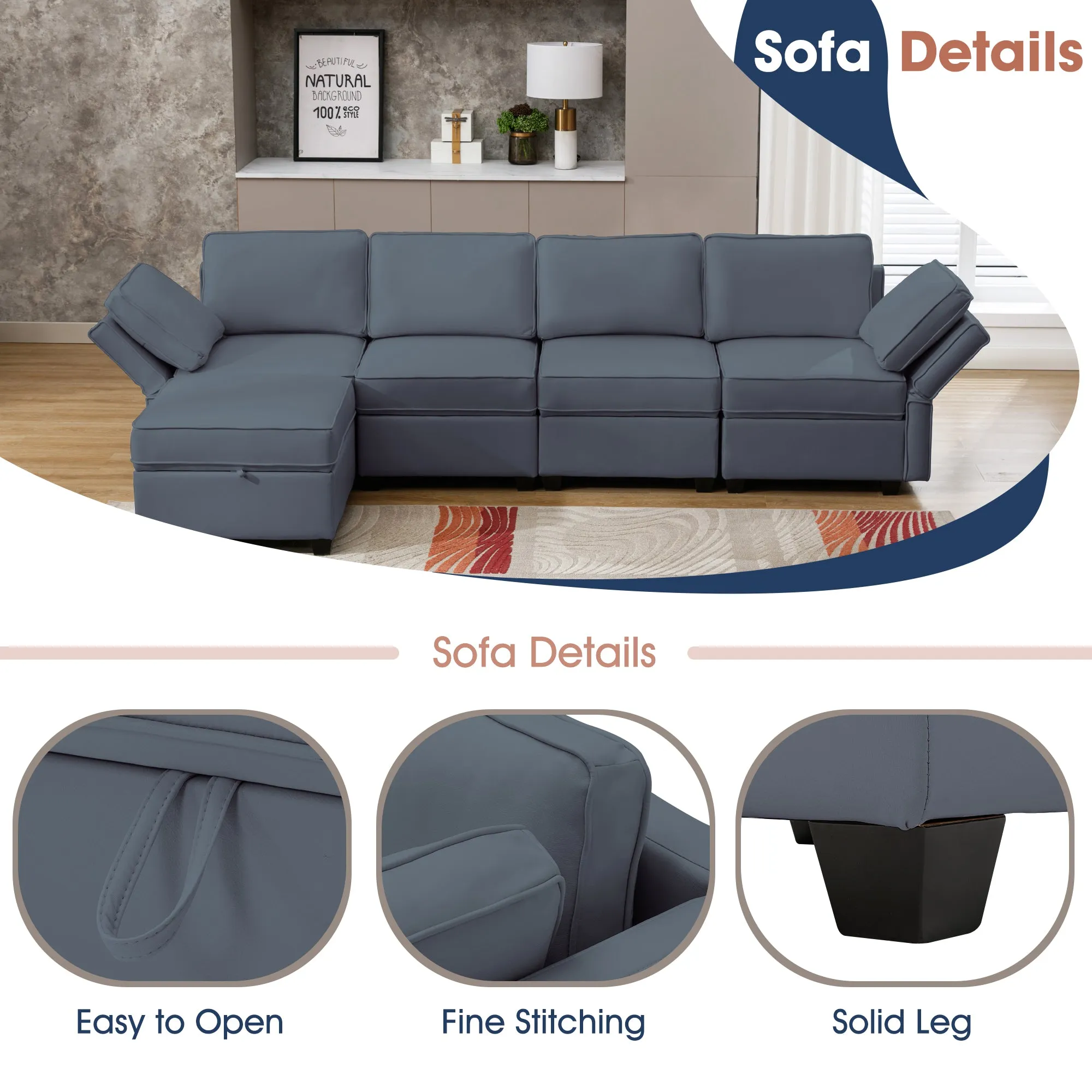 5-Seater Modular Sectional Sofa Reversible Sofa Couch with Storage Seats (Blue Gray)