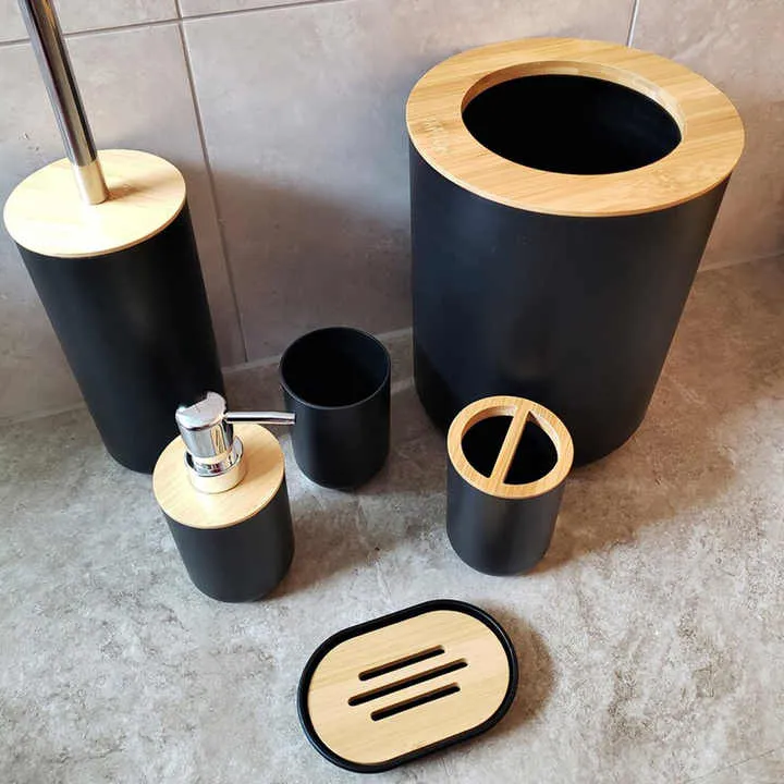 6-Piece Bathroom Accessories Set Luxury Eco Series with Wooden Lid