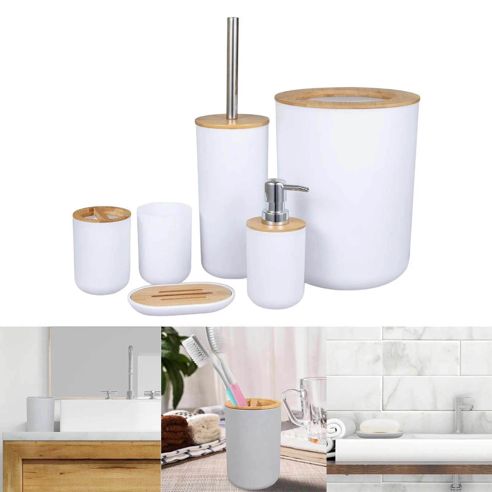 6-Piece Bathroom Accessories Set Luxury Eco Series with Wooden Lid