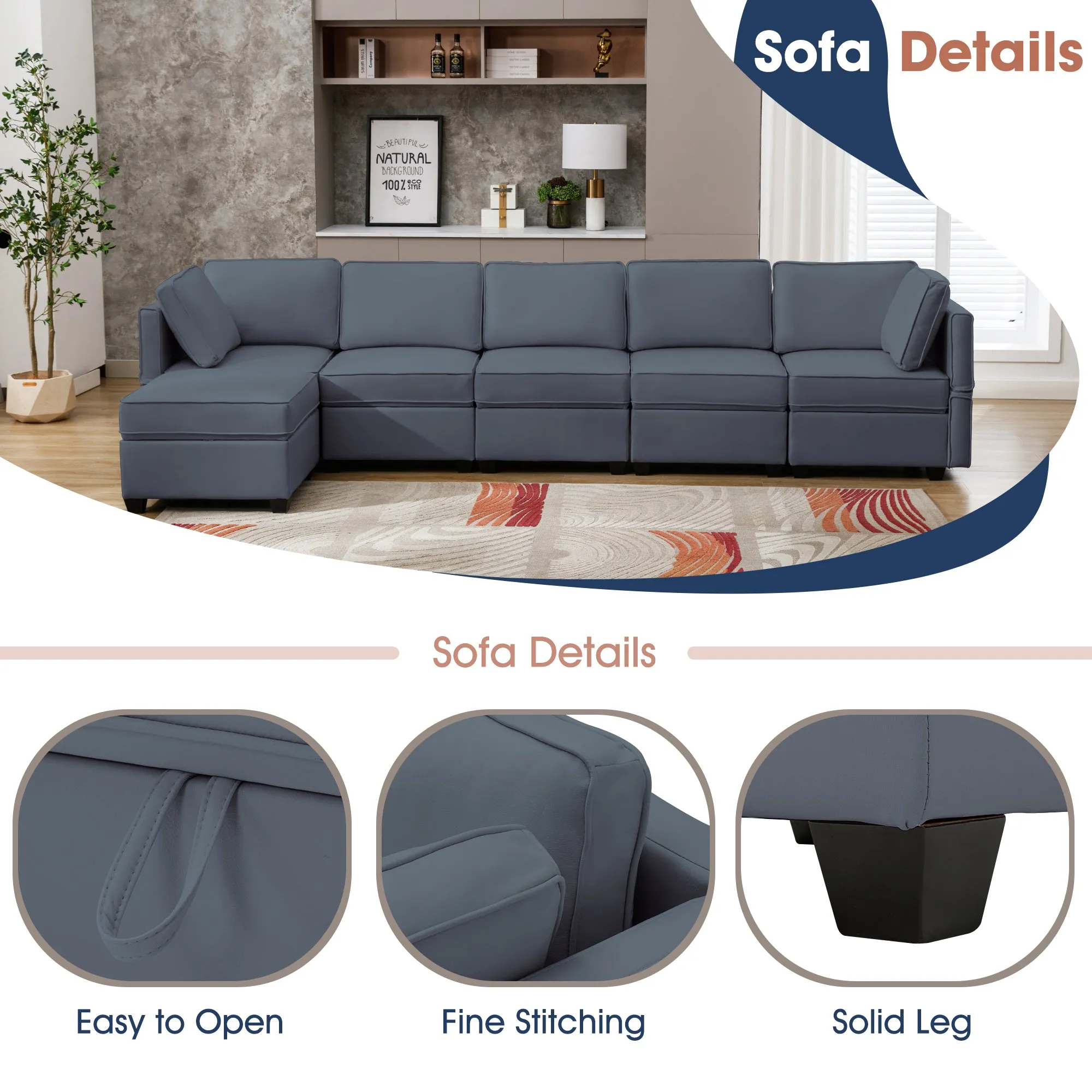 Reversible 6-Seater Modular Sectional Sofa with Storage and Adjustable Backrest in Elegant Blue Gray