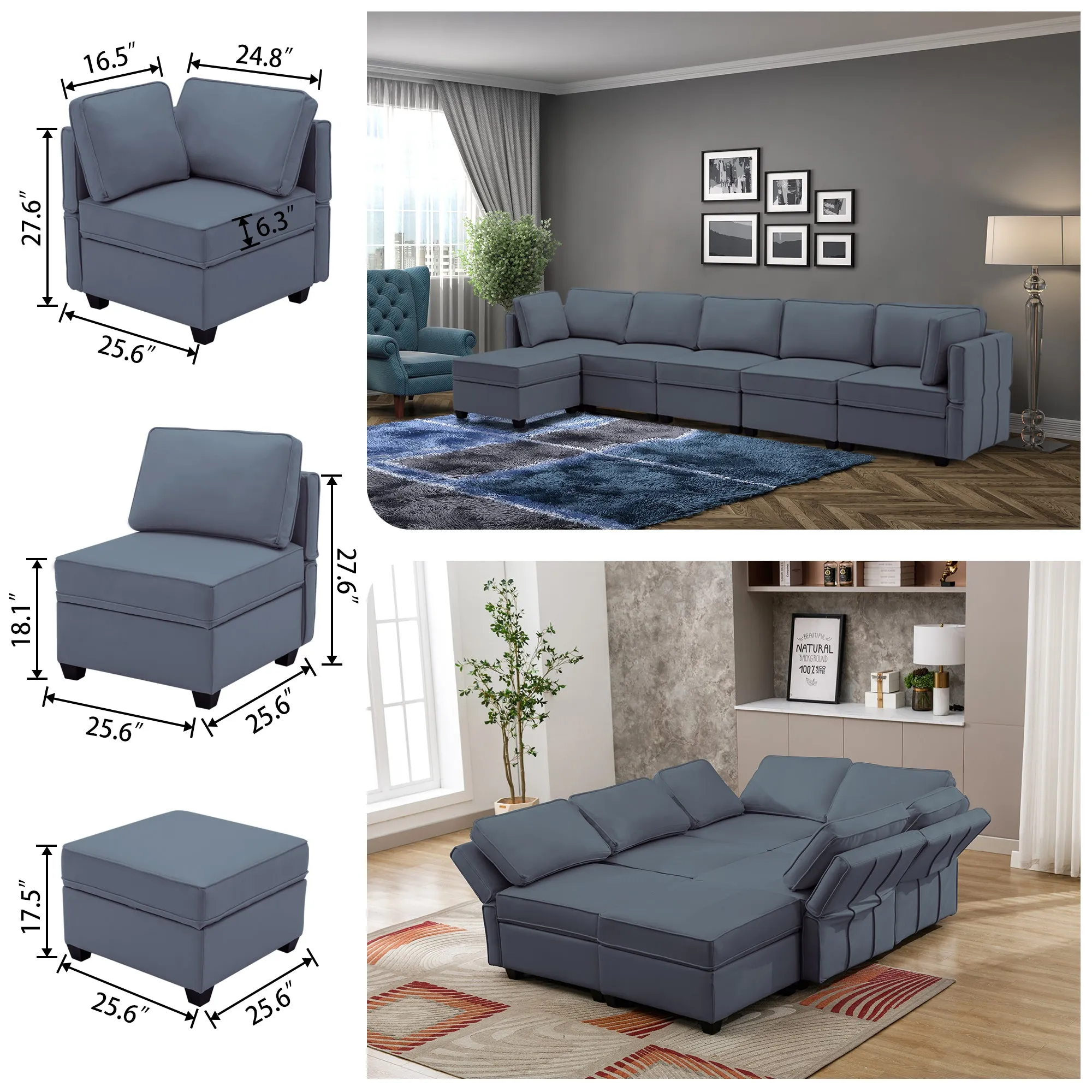 Reversible 6-Seater Modular Sectional Sofa with Storage and Adjustable Backrest in Elegant Blue Gray