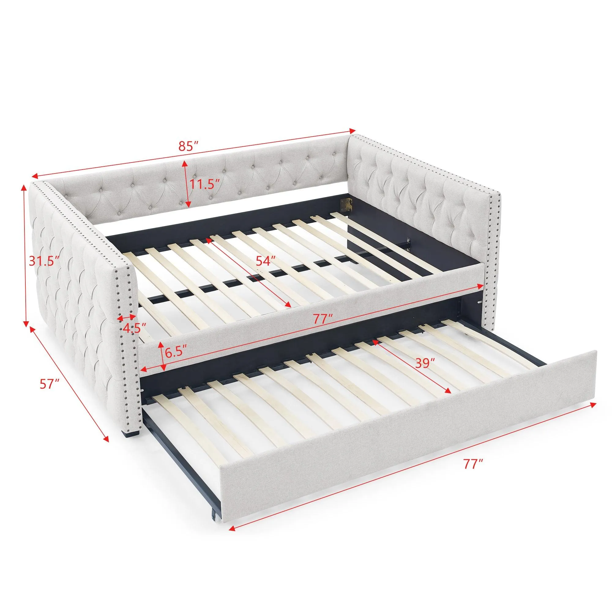 85“x57”x31.5“ Daybed with Trundle Upholstered Tufted Sofa Bed, with Button and Copper Nail on Square Arms,Full Daybed & Twin Trundle, Beige