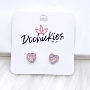 8mm Sparkle Heart Stud Earrings - Light Pink