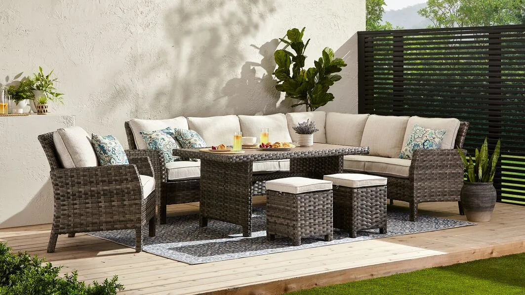 Acadia 6-Piece Outdoor Banquette Set - Grey, Beige