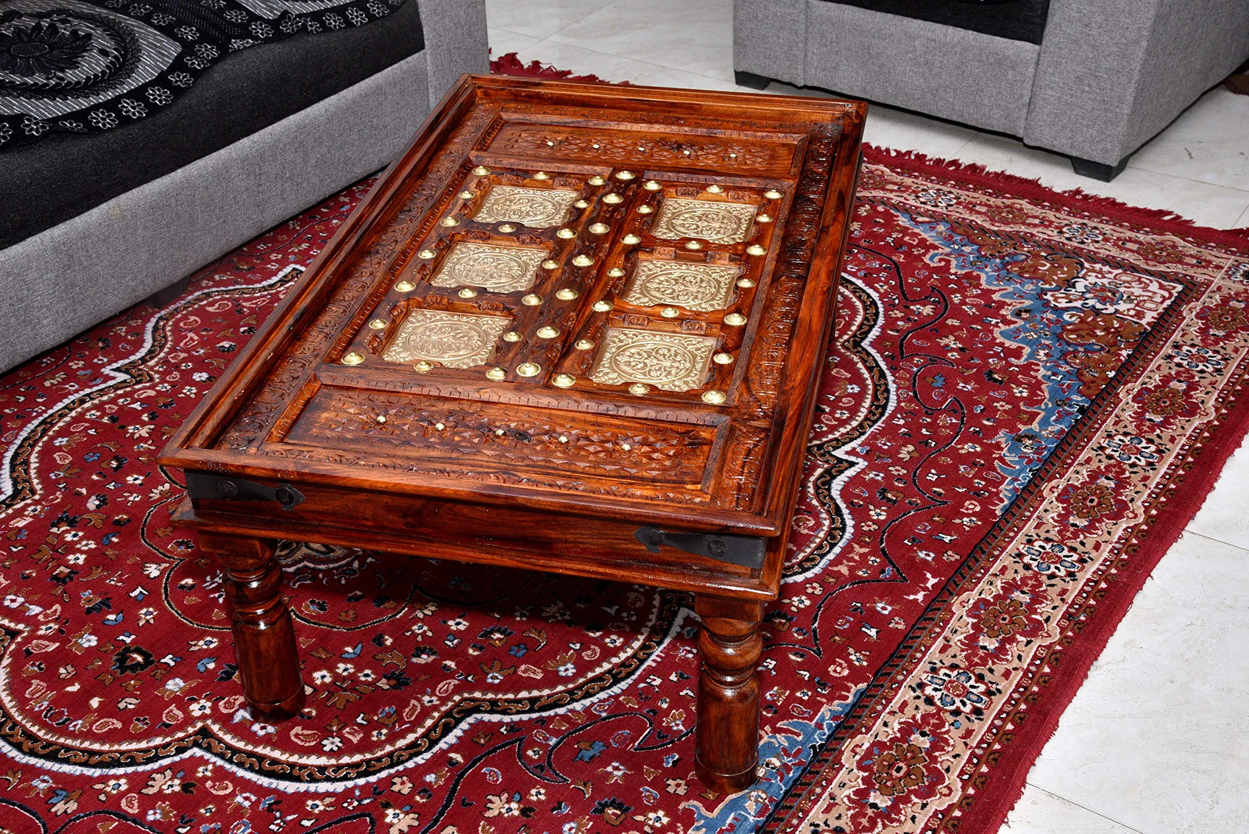 advika handicraft Antique Design Sheesham (Rosewood) Solid Wood Table | Coffee Table | Garden and Outdoor Table |Decorative| Living Room|Natural Brown(117X70X45 cm) 8 MM Glass Include