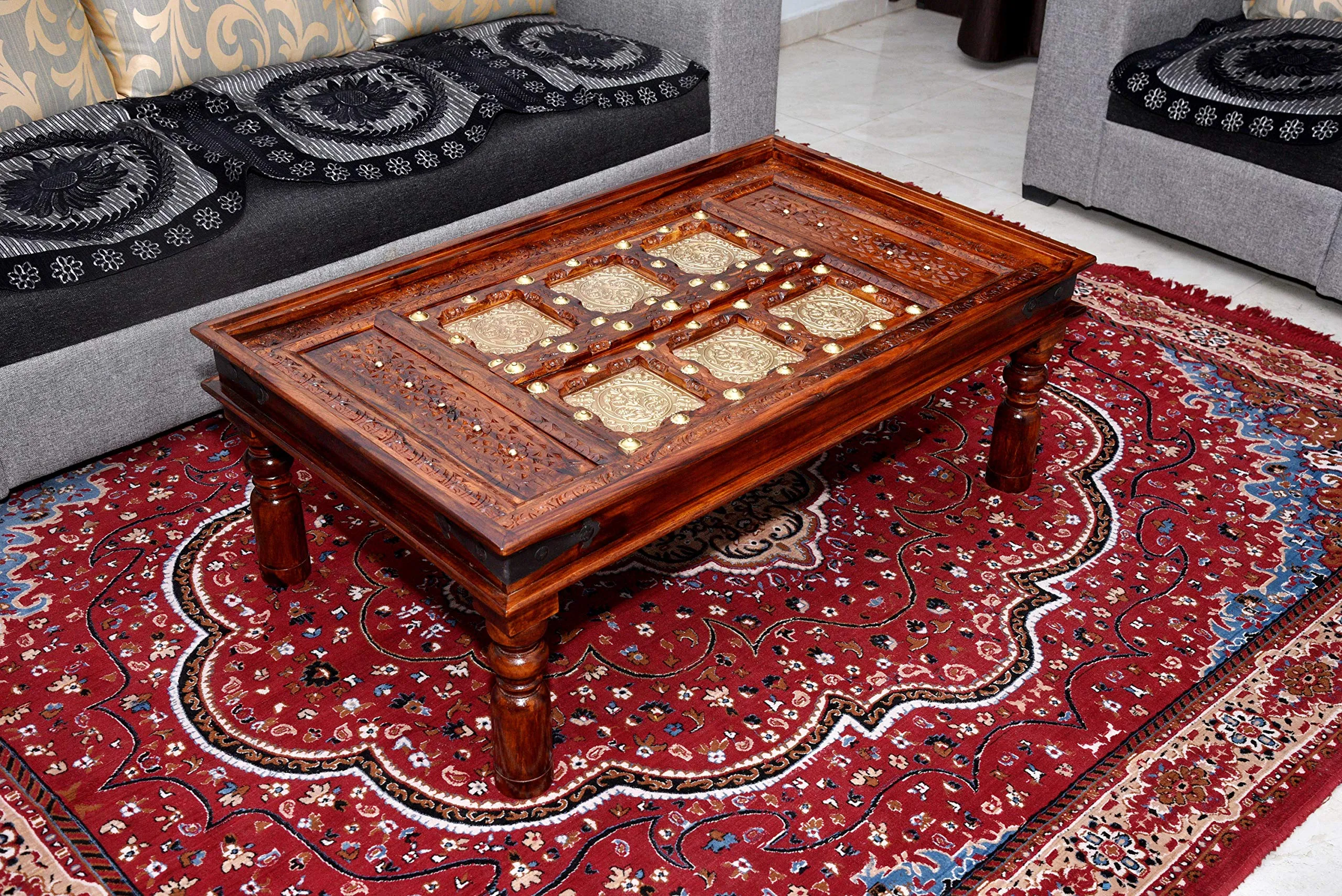 advika handicraft Antique Design Sheesham (Rosewood) Solid Wood Table | Coffee Table | Garden and Outdoor Table |Decorative| Living Room|Natural Brown(117X70X45 cm) 8 MM Glass Include