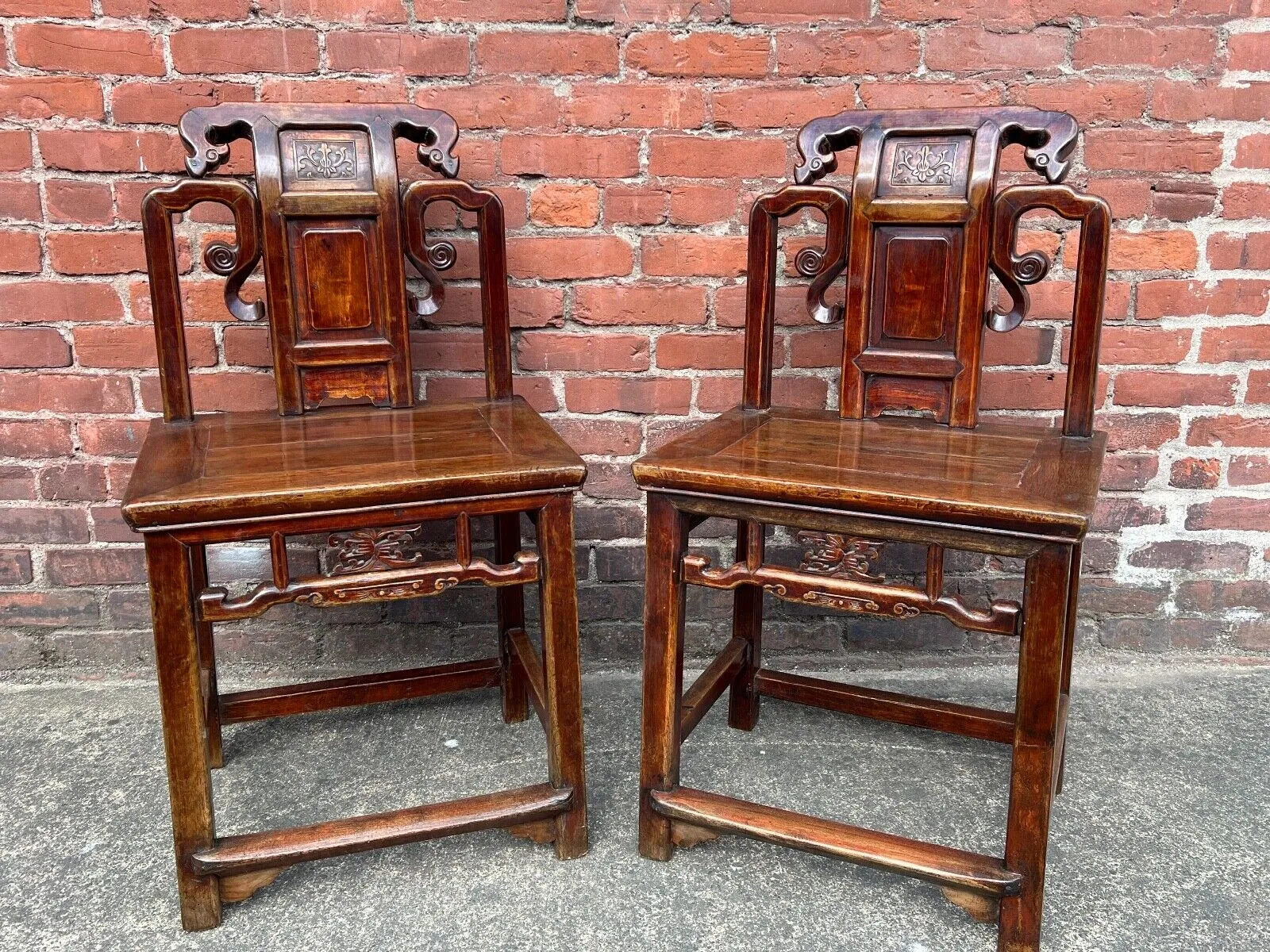 Antique Chinese Pair of 2 Qing Dynasty Side Chairs Late 1800's Yumu Elm Wood