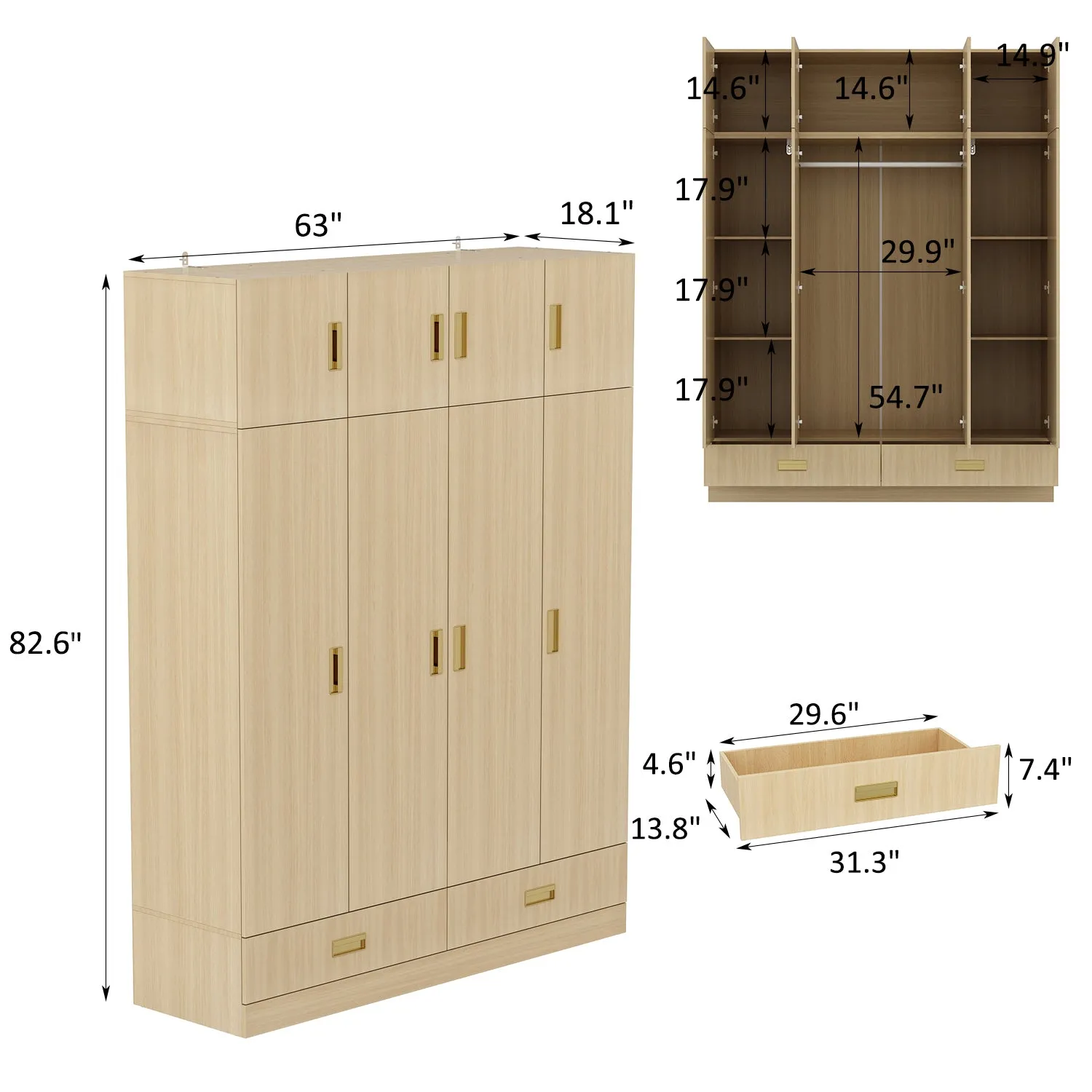 Armoire Wardrobe Closet with Hanging Rod, 2 Drawers & Shelves