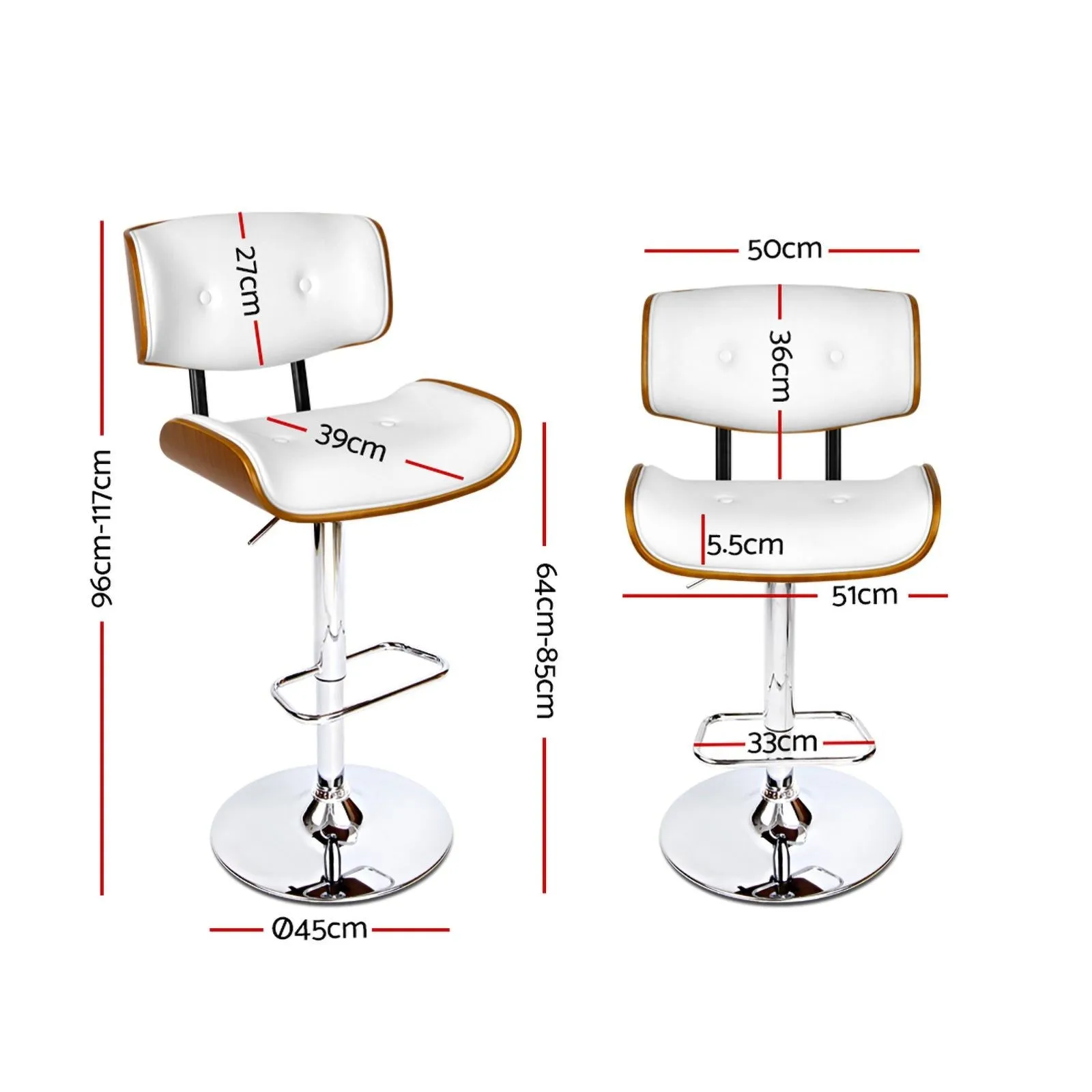 Artiss Two Bar Stools Gas Lift Leather White