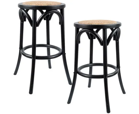 Aster 2pc Round Bar Stools Dining Stool Chair Solid Birch Wood Rattan Seat Black