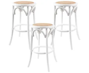 Aster 3pc Round Bar Stools Dining Stool Chair Solid Birch Wood Rattan Seat White