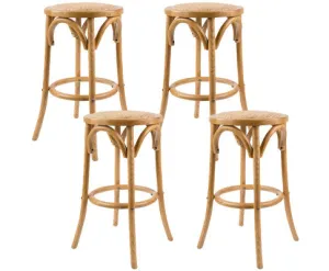 Aster 4pc Round Bar Stools Dining Stool Chair Solid Birch Wood Rattan Seat Oak