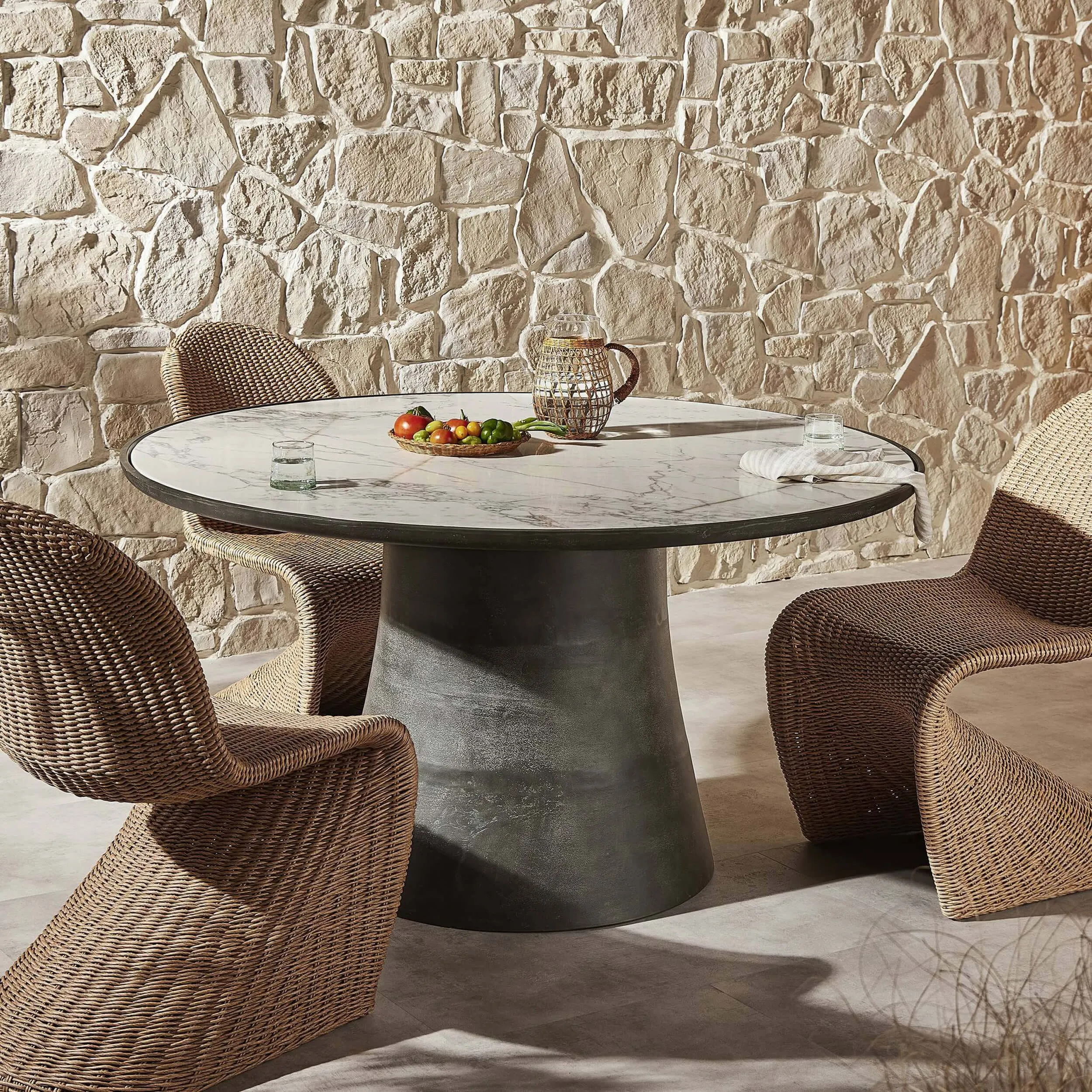 Balboa Outdoor Dining Table, Veined White Marble