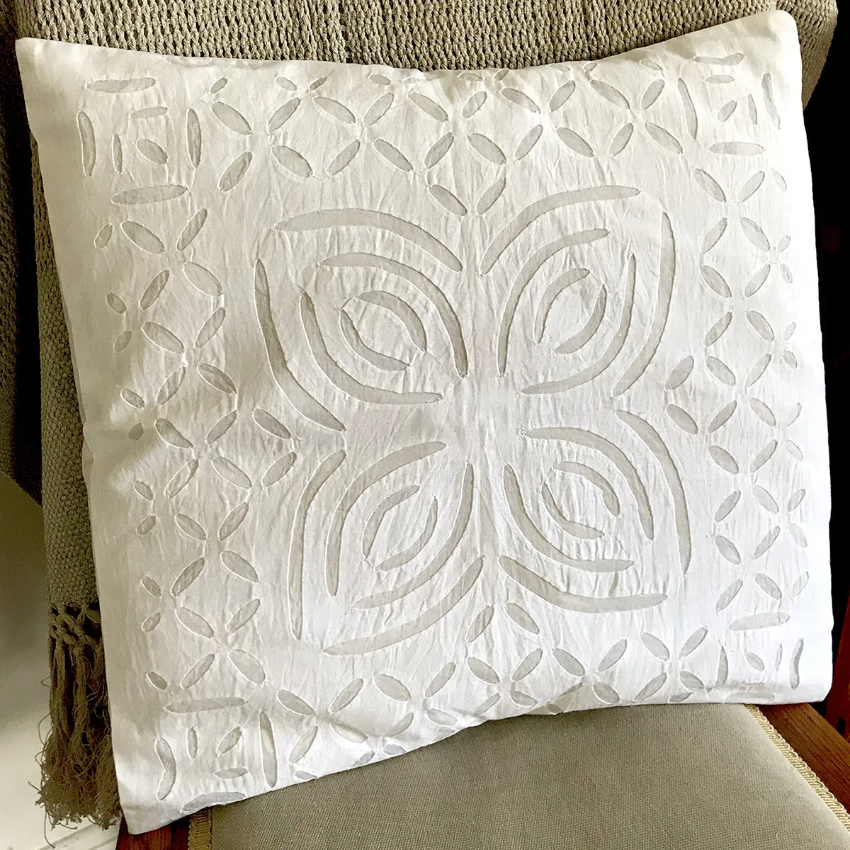 Barmer Appliqué Pillow Cover - White on White - 4 Petal