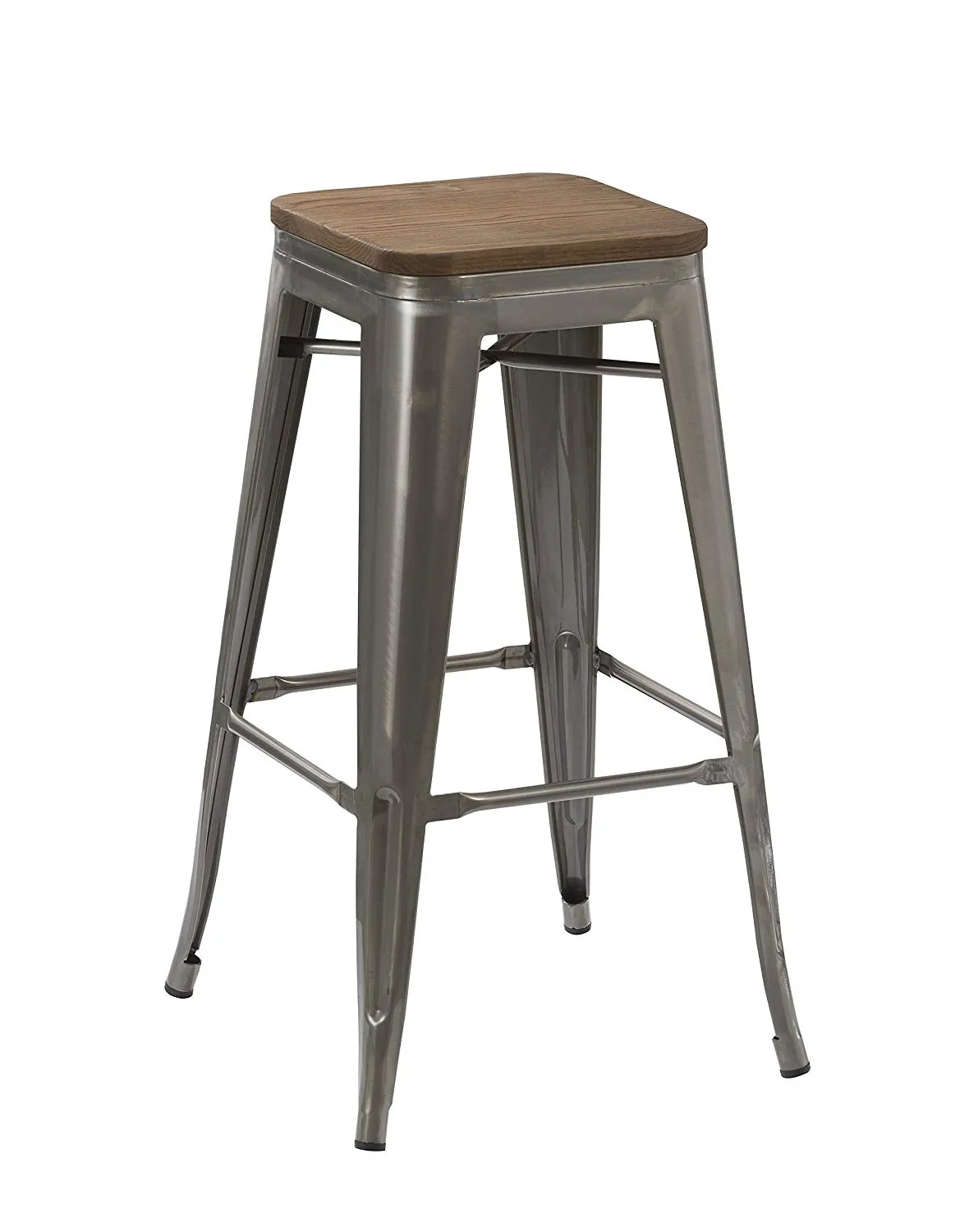 BTEXPERT 30" inch Industrial Stackable Tabouret Metal Vintage Antique Rustic Style Clear Brush Distressed Counter Bar Stool Modern wood top seat ( barstool)