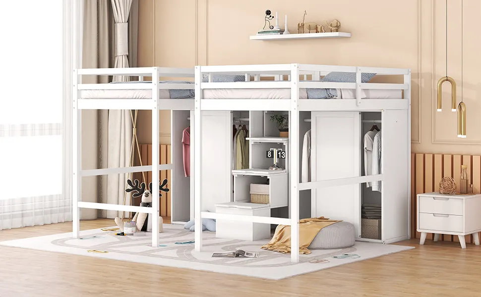 Double Twin Loft Beds with Wardrobes and Staircase, White