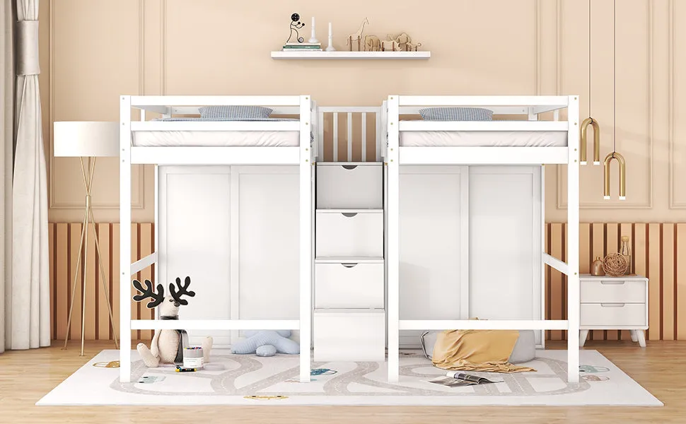 Double Twin Loft Beds with Wardrobes and Staircase, White