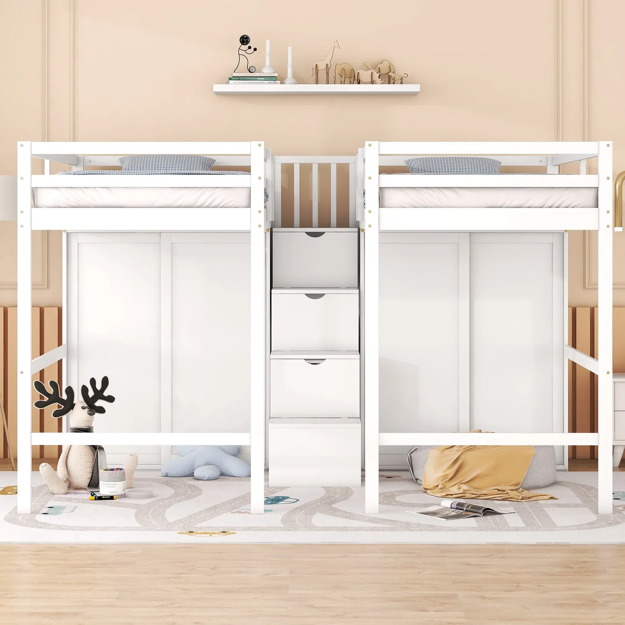 Double Twin Loft Beds with Wardrobes and Staircase, White