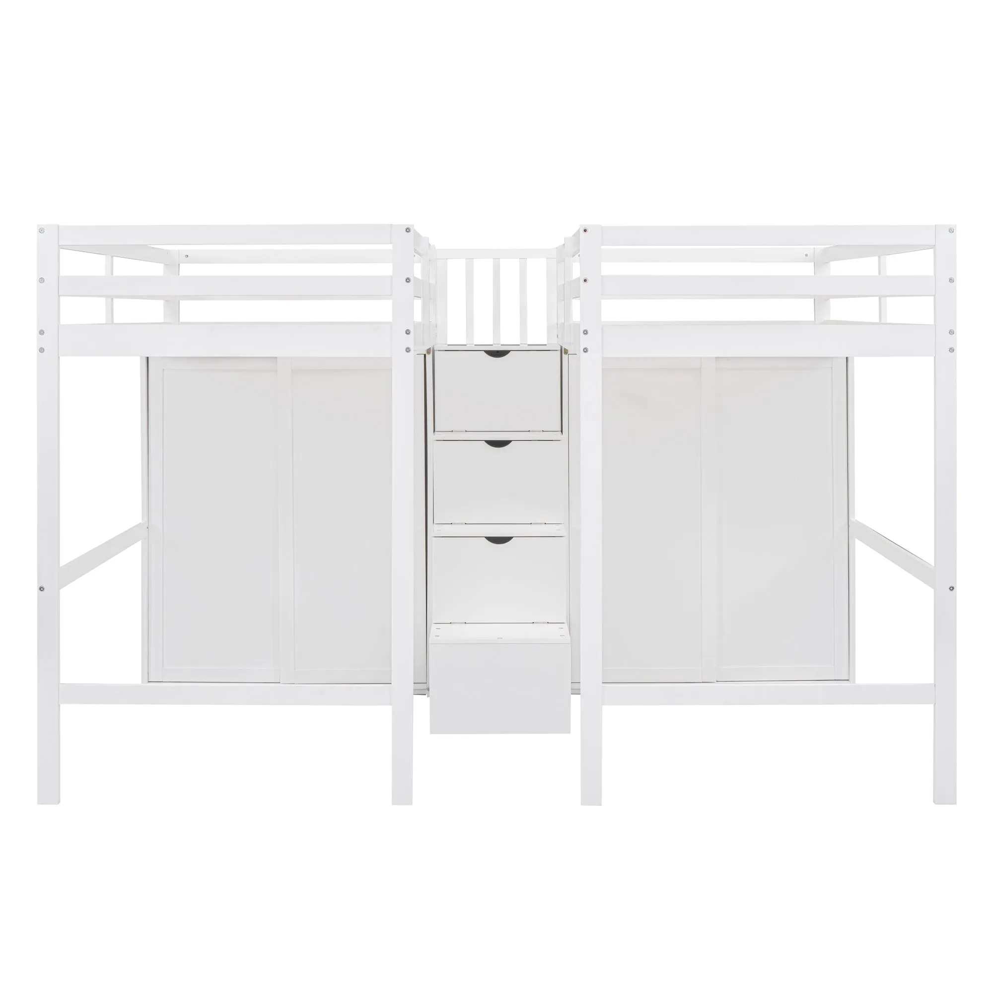 Double Twin Loft Beds with Wardrobes and Staircase, White