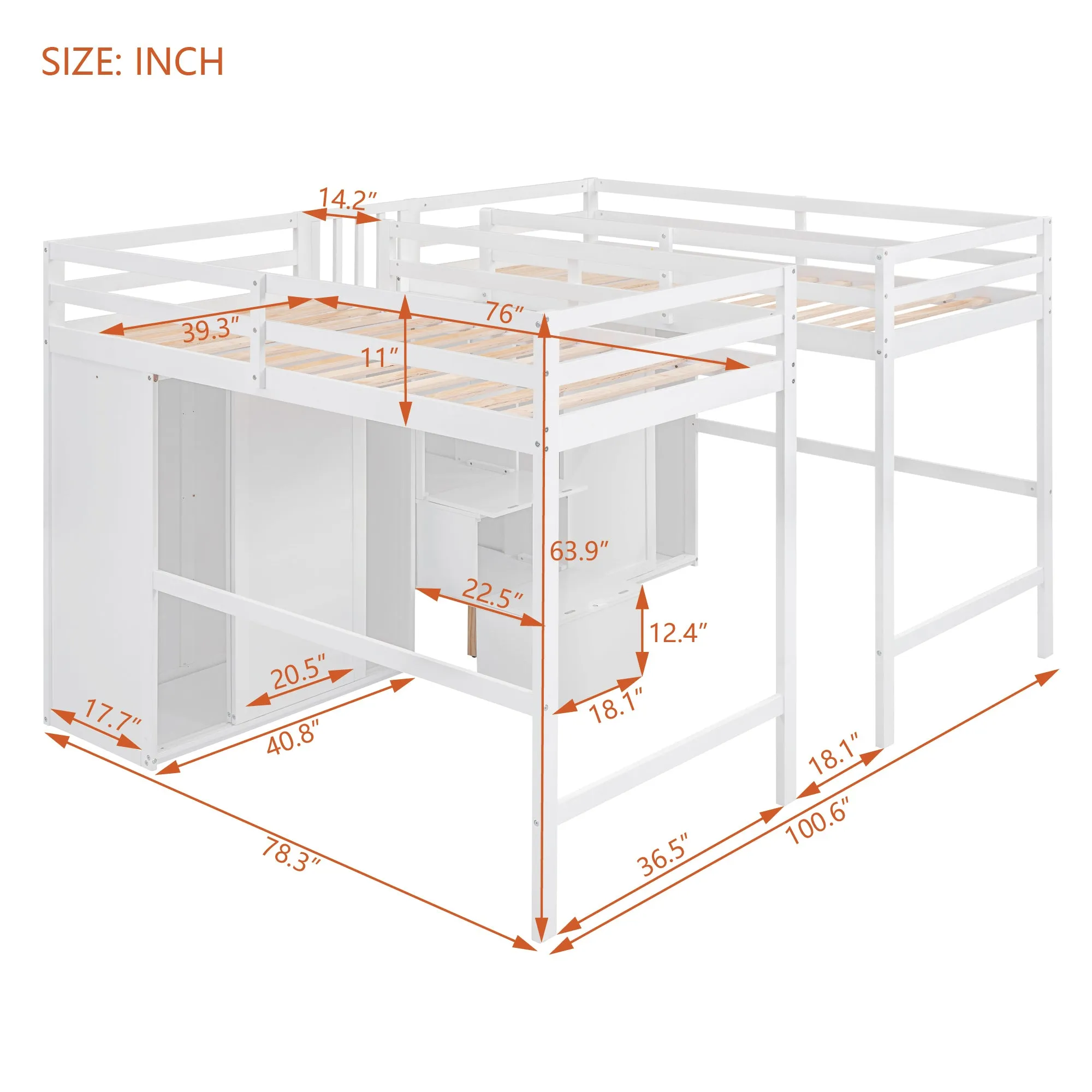 Double Twin Loft Beds with Wardrobes and Staircase, White