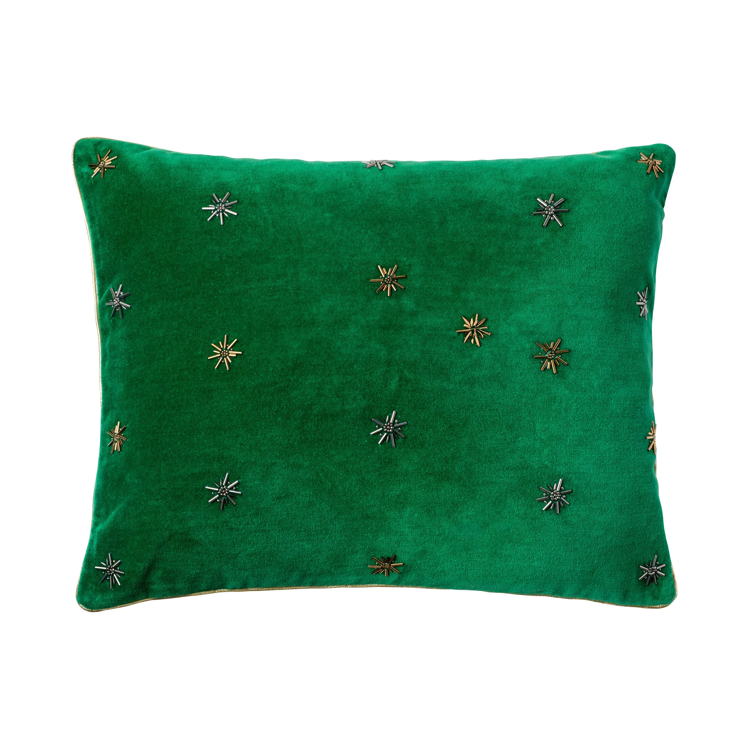 Embroidered star pillow cover, emerald green cotton velvet