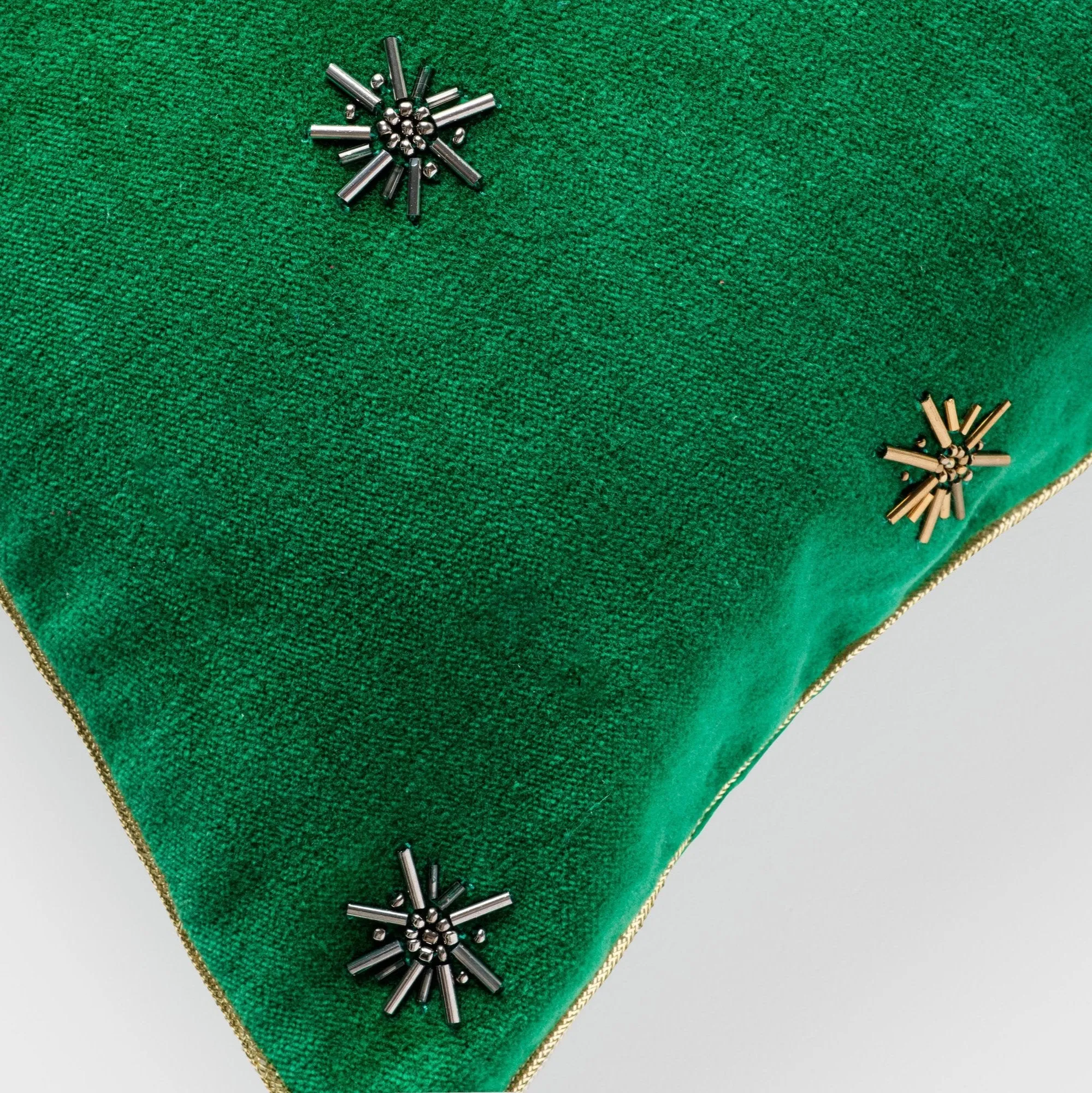 Embroidered star pillow cover, emerald green cotton velvet