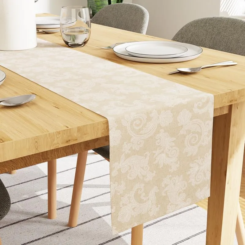 Encasa Dining Table Runner for 8 Seater I Size 32x240 cm | - Floral Beige Jacquard Style Print on Homespun Cotton | Fast Colours, Machine Washable