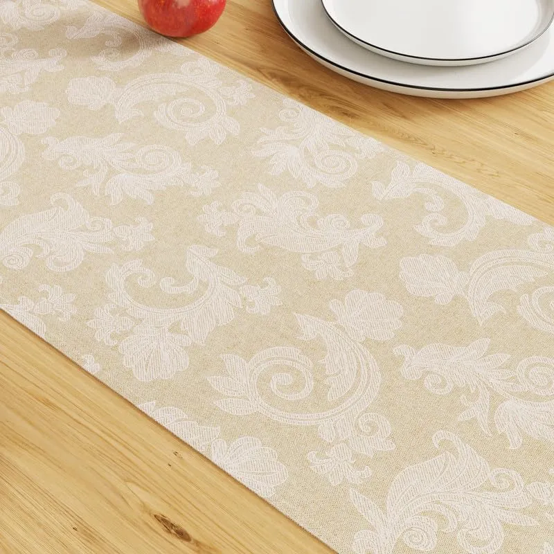 Encasa Dining Table Runner for 8 Seater I Size 32x240 cm | - Floral Beige Jacquard Style Print on Homespun Cotton | Fast Colours, Machine Washable