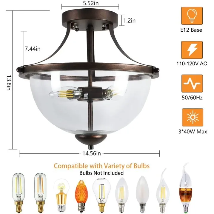 Farmhouse Semi Flush Mount Ceiling Light Fixture, Industrial 3-Light Clear Glass Shade Pendant Light