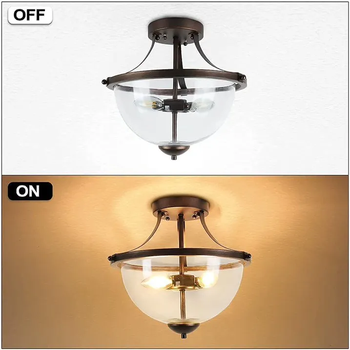 Farmhouse Semi Flush Mount Ceiling Light Fixture, Industrial 3-Light Clear Glass Shade Pendant Light