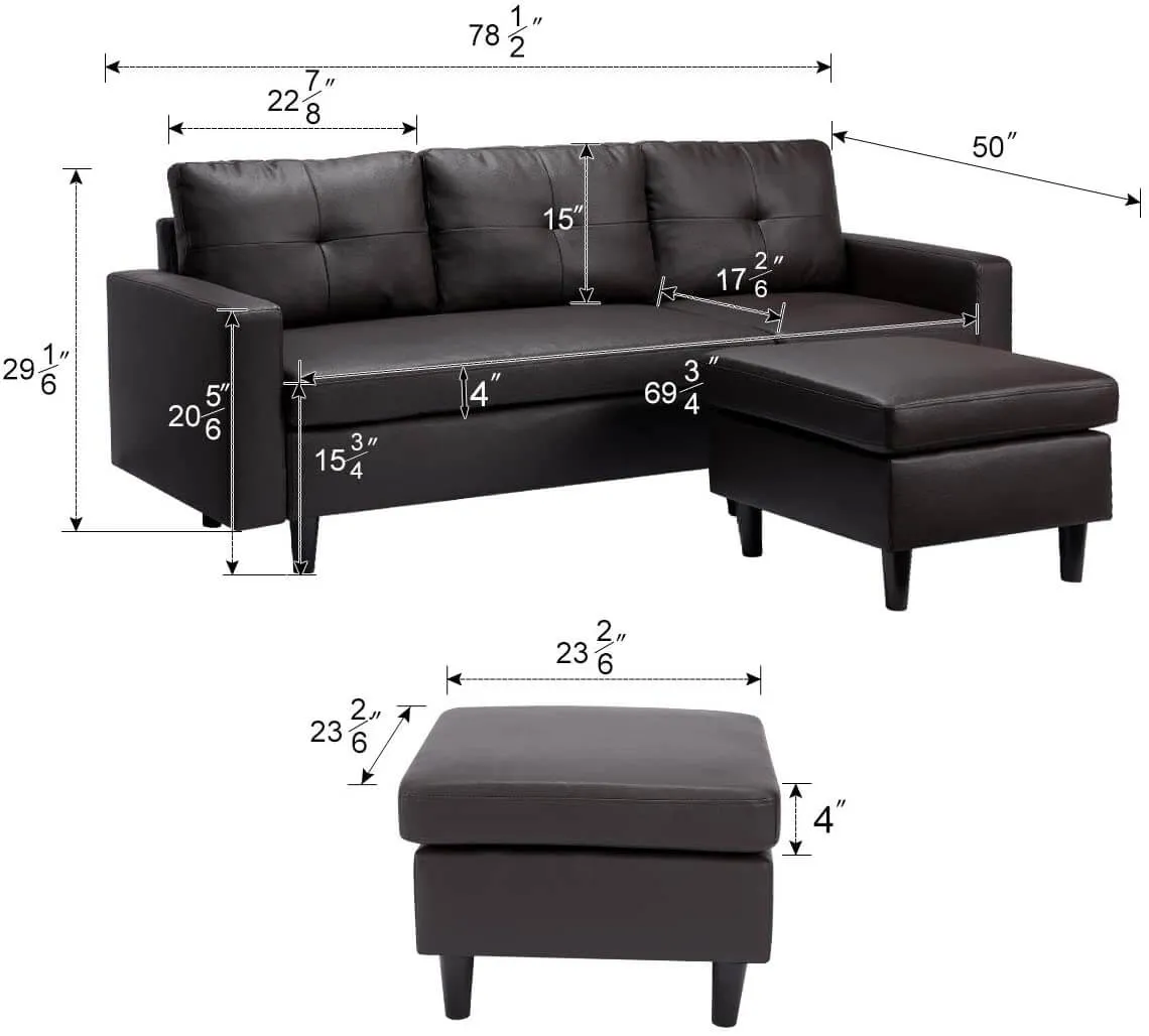 Faux Leather Sectional Sofa Convertible Couch Black Leather L-Shape Couch for Small Space Apartment