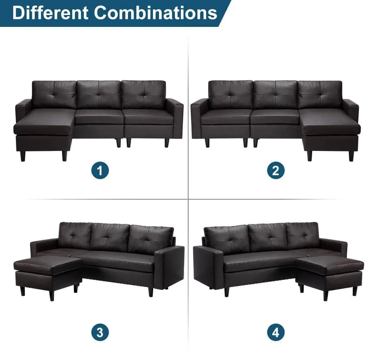 Faux Leather Sectional Sofa Convertible Couch Black Leather L-Shape Couch for Small Space Apartment