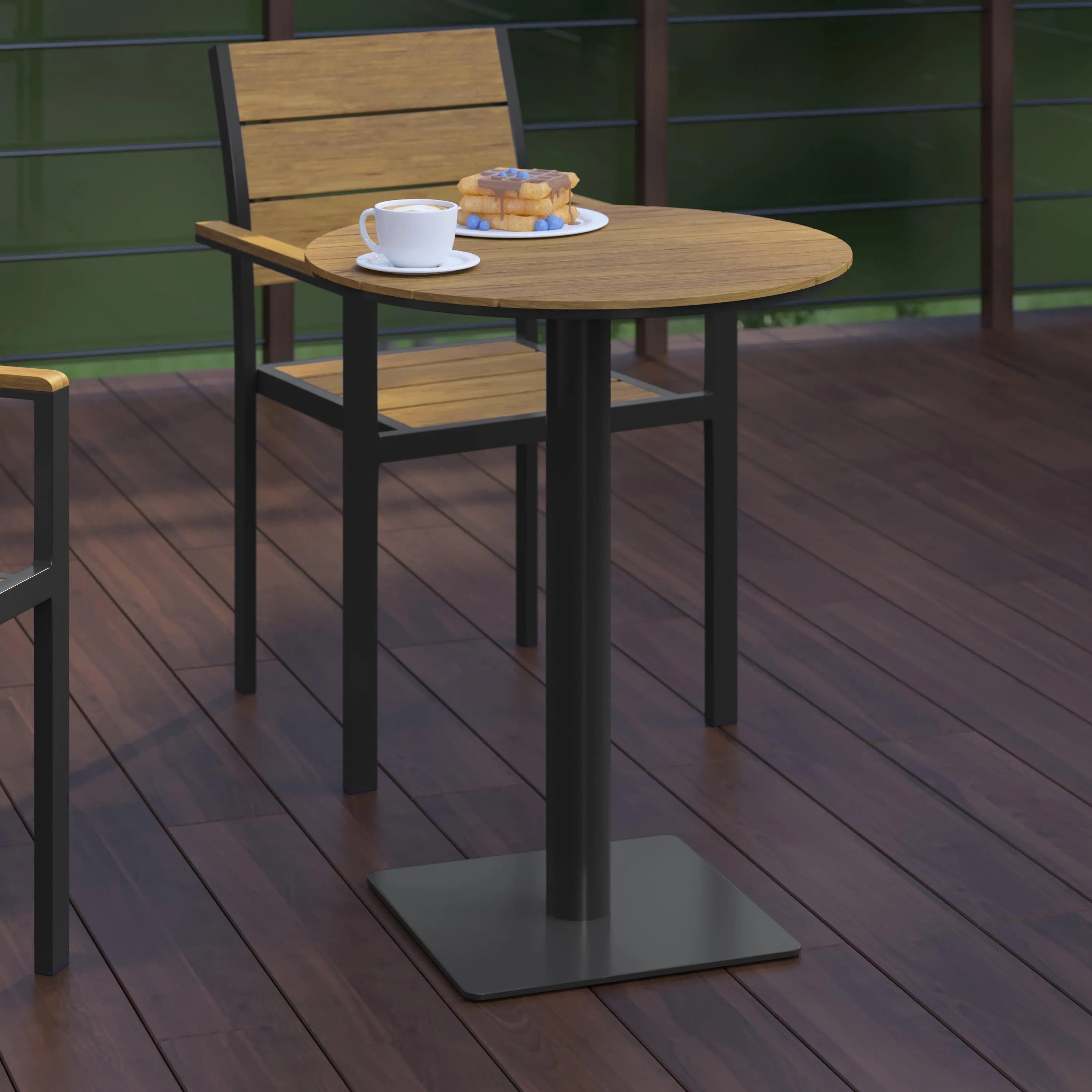 Finch Commercial Grade Round 24" Table with Faux Teak Poly Slats and Steel Frame