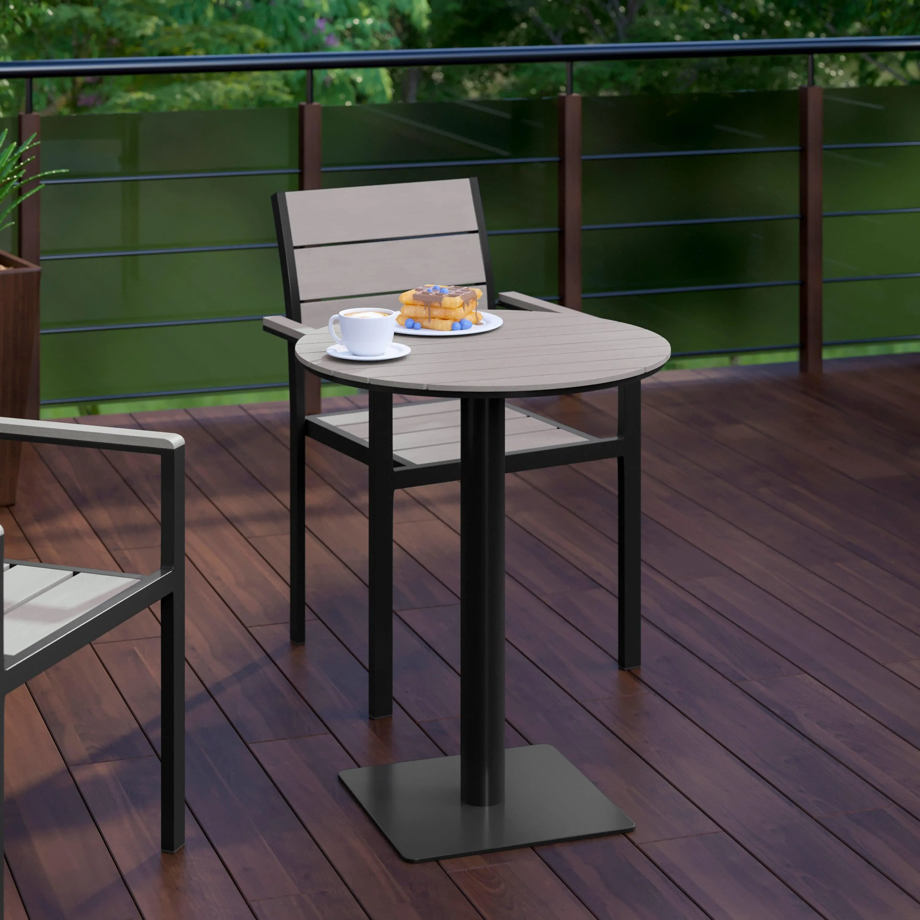 Finch Commercial Grade Round 24" Table with Faux Teak Poly Slats and Steel Frame