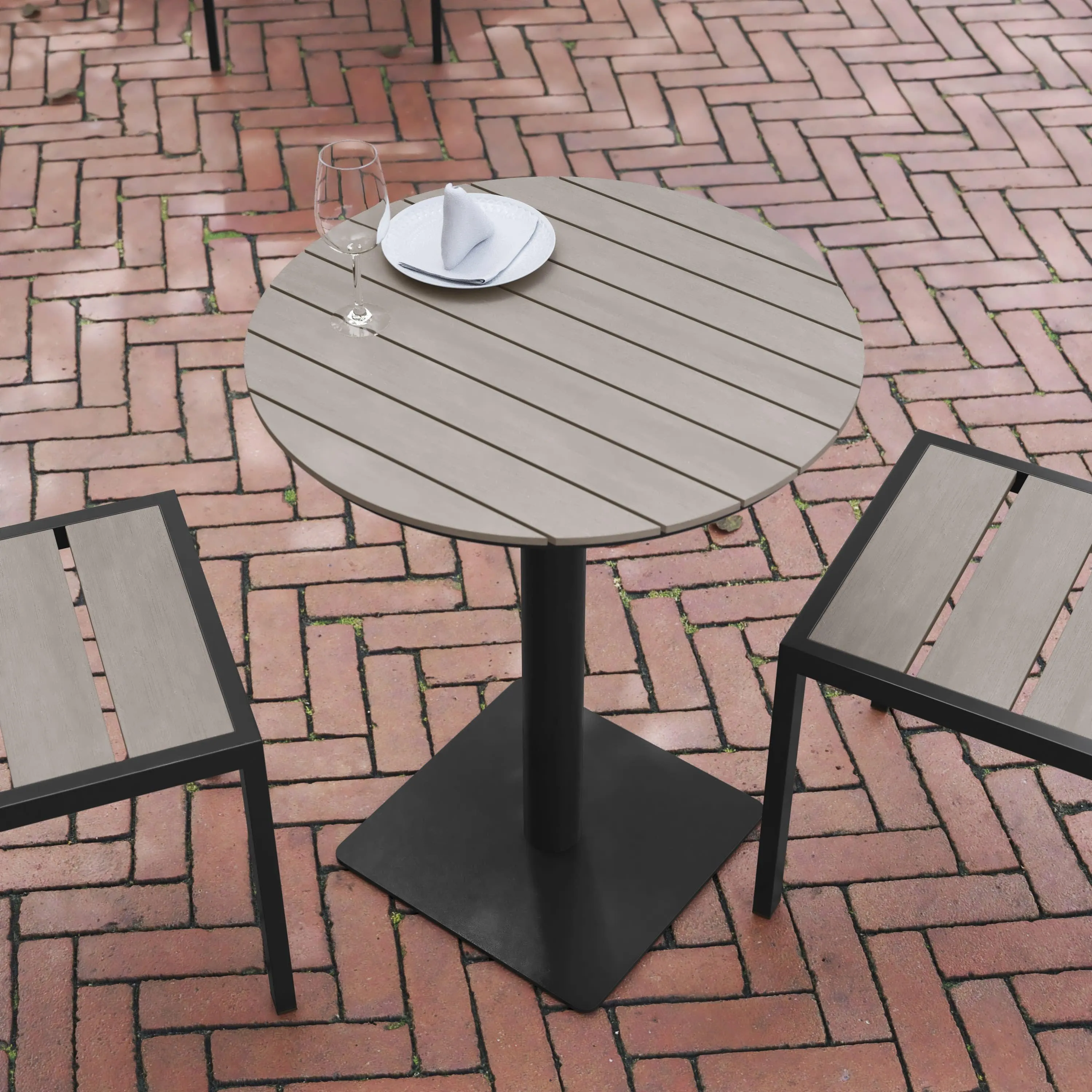 Finch Commercial Grade Round 24" Table with Faux Teak Poly Slats and Steel Frame