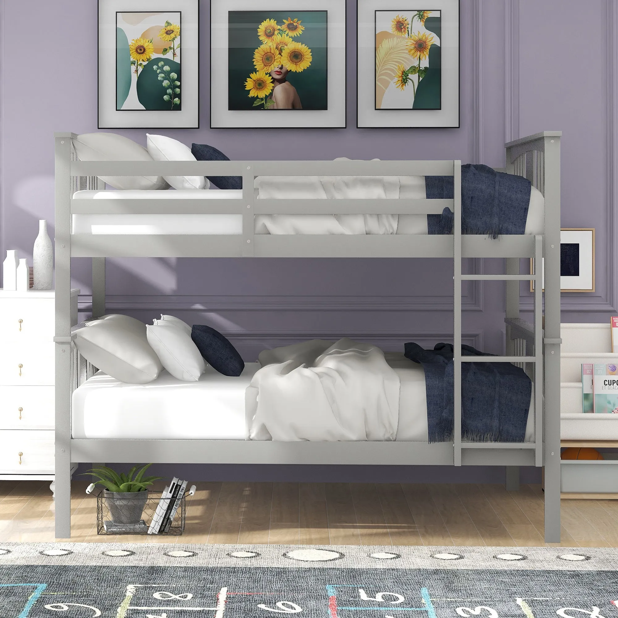 Full over Full Bunk Bed with Ladder for Bedroom, Guest Room Furniture-Gray