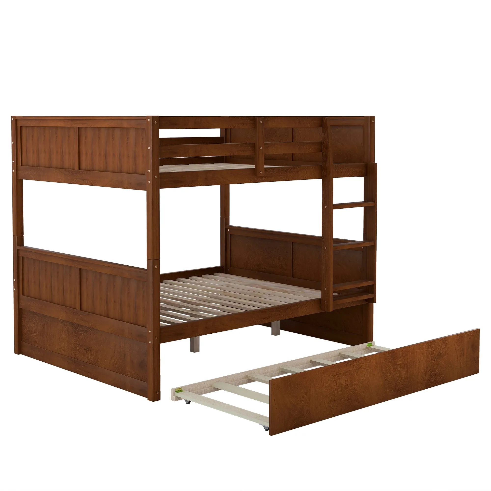 Full Over Full Bunk Bed with Twin Size Trundle, Walnut