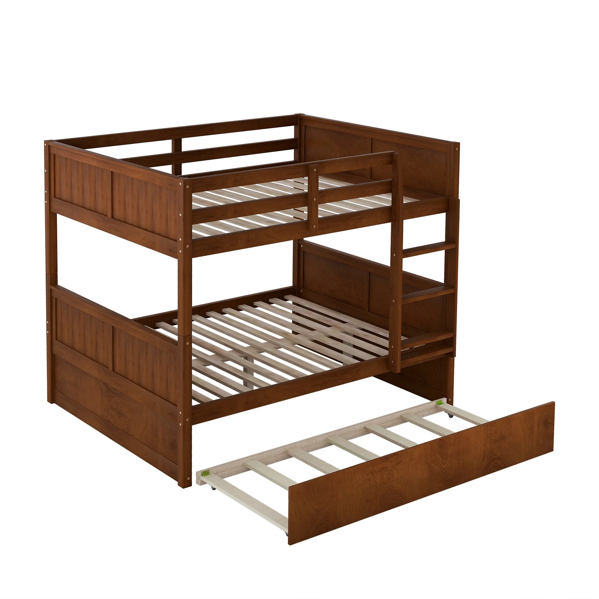 Full Over Full Bunk Bed with Twin Size Trundle, Walnut